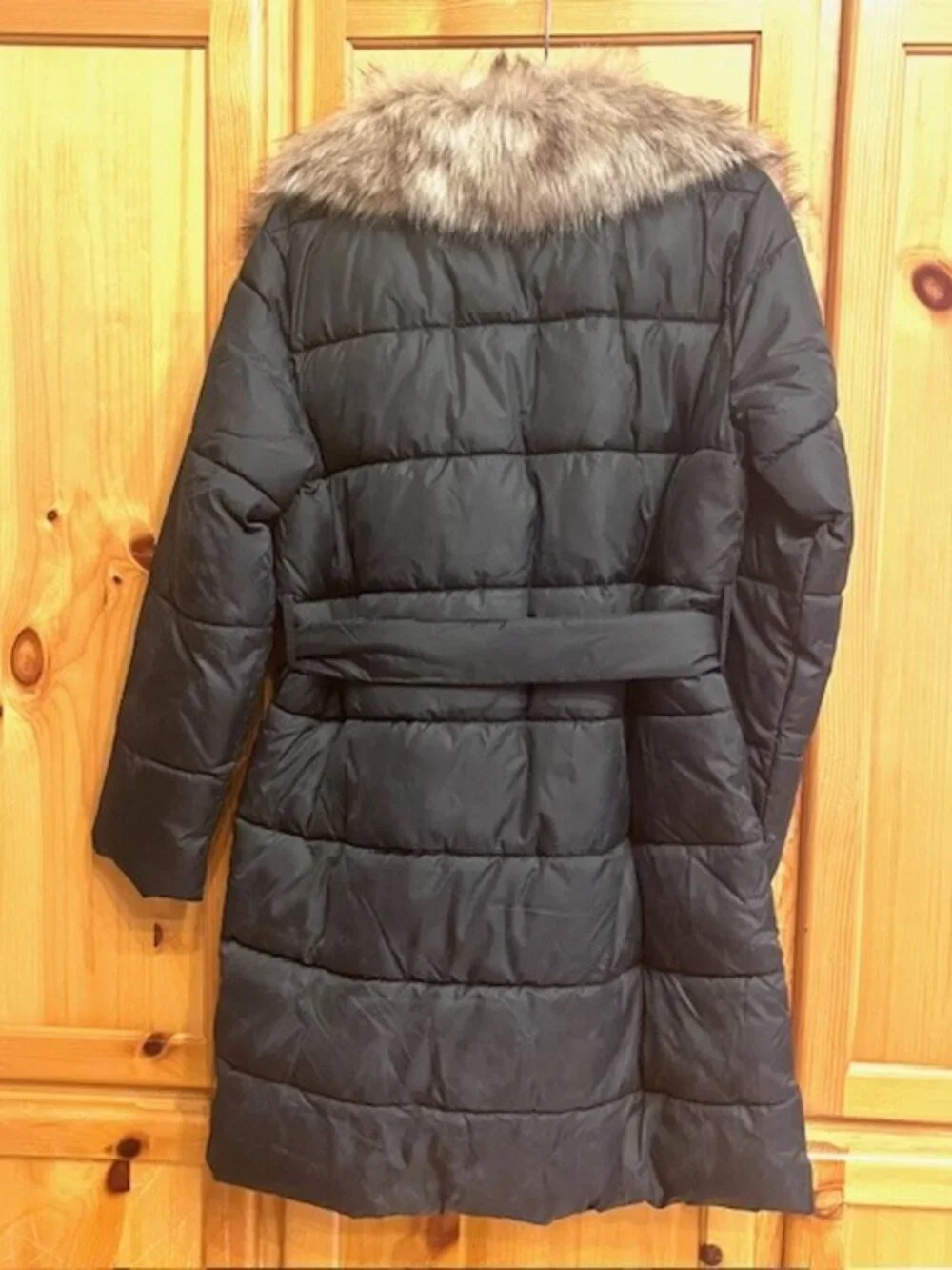 Ann Taylor Black Puffer Coat Faux Fur Collar Belted Mid Length